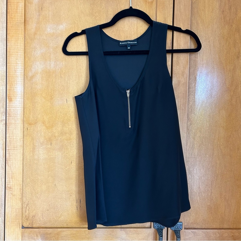 Black racerback silk tank top with zipper front detail Karina Grimaldi